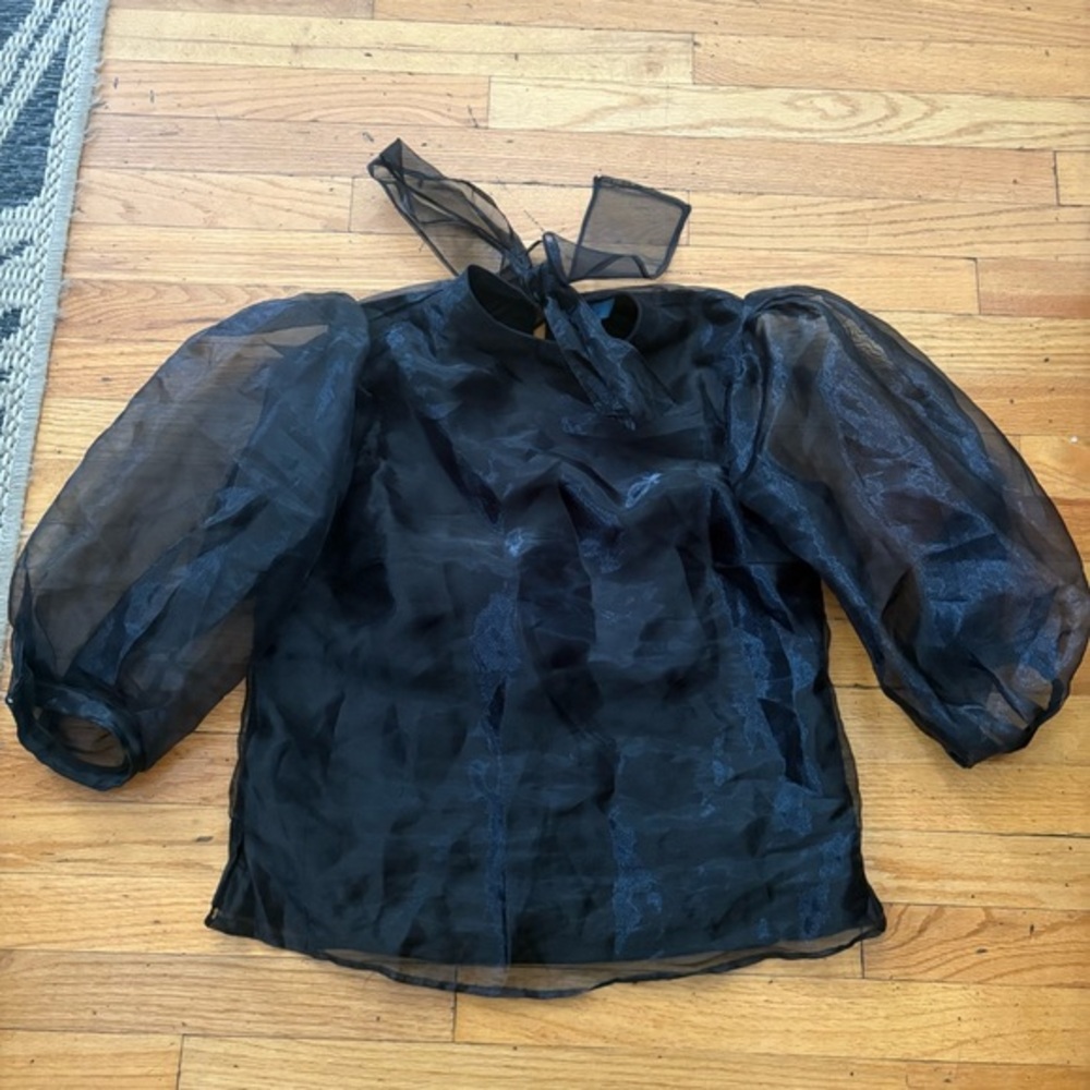 CeCe Black Sheer Puff-Sleeve Tie-Neck Blouse